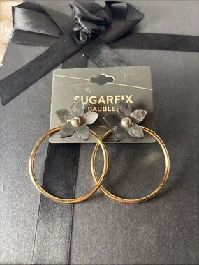 Sugarfix Gold Hoop Earrings with Black Flower Stud